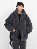 Winter Thick Warm Oversized Dark Grey Sherpa Jacket Men with Hood Zip Up Fluffy Loose Casual Faux Lamb Fur Coat