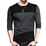 Autumn Korean Men T Shirt Vintage Style Patchwork Black&Gray O-Neck Long Tshirt Men Clothing Plus Size M-5XL