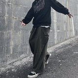 Big Pocket Cargo Pants Men's Casual Solid Color Straight Pants Baggy Wide-leg Ankle-length Pants Men Elastic Waist Pants