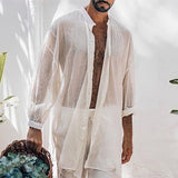Summer Men's Beach Long Shirt Casual Loose Long Sleeve Lapel Button See Through Thin Shirts Men Clothes Leisure Solid Tops