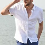 Hot Sale Men's Short-Sleeved Shirts Cotton Linen Summer Solid Color Turn-down Collar Quick Drying Casual Beach Style Plus Size