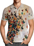 Pullover Tops Mens Fashion Turn-down Collar Button-up Polos  Vintage Print Polo Shirt Men Summer Short Sleeve Casual shirts