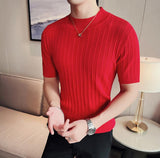 Men's High-End Casual Short Sleeve knitting Sweater/Male High collar Slim Fit Stripe Set head Knit Shirts Plus size S-4XL