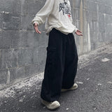 Big Pocket Cargo Pants Men's Casual Solid Color Straight Pants Baggy Wide-leg Ankle-length Pants Men Elastic Waist Pants