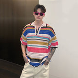 Niche Hollow Out Design New Men's T-shirt Male Casual Contrast Color Summer Short Sleeve Striped Knitwear Trend