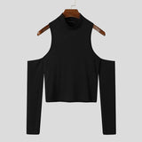 Mens Off Shoulder Cutout Long-sleeved T-shirt
