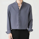 New High Quality Korean Fashion Stand Collar Shirt Men Long Sleeve Solid Color Business Casual Loose Simple Shirts for Men