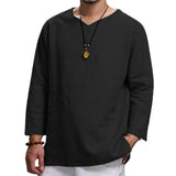 V Neck Cotton Linen T Shirts For Men Solid Color Long Sleeve Shirts Casual Tops Loose Large Size Tees Breathable Men Clothing