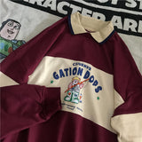 Women Sweatshirts Autumn Casual Vintage Letter Bear Print Striped Patchwork Polo Collar Harajuku Oversized Hooded Pullover Tops