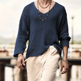 Autumn Men Long Sleeve T Shirt Vintage Solid Knitting Tops Mens Casual Loose V Neck Tee Fashion Male Knitted Clothing Streetwear