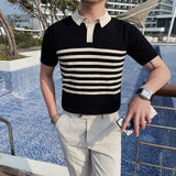 Spring and Autumn Men  Clothing Men Tee Shirt Men Man Luxury Quality Knitting Stripe Polo Shirt Male T-shirt Stylish and Simple