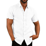 Cotton Line Hot Sale Men's Short-Sleeved Shirts Summer Solid Color Turn-down collar Casual Beach Style Plus Size