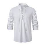 Men Cotton Linen Shirt Casual Shirts Long Sleeve Shirt V-neck Blouse Casual Harajuku Tops Thin Tees with Lace Up Men Clothing