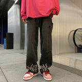 Fashion Flame Embroidery Men's Jeans Neutral Wide Leg Denim Trousers Loose Straight Jeans Youth Casual Baggy Hip Hop Pants
