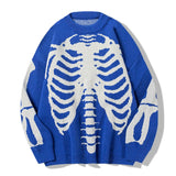 Streetwear Oversized Knitted Sweaters Mens Vintage Skeleton Bone Printed Hip Hop Harajuku Patchwork Casual Pullover Unisex Black