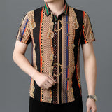 Fashion Personalized Print Shirt Men Summer Retro Short Sleeve Shirts NightClub Casual Slim Fit Holiday Business Hawaii Blouse