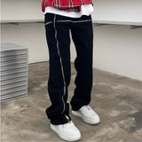 Cross Zipper Decorate Solid Black Mens Cargo Pants High Street Retro Straight Elastic Waist Casual Trousers Loose Overalls
