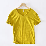 Summer New 100% Cotton T-shirt Men V-neck Solid Color Casual T Shirt Basic Tees Plus Size Short Sleeve Tops Y2449