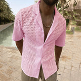 Men's Clothing Loose Lapel Button Tops Polo Shirts Fashion Short Sleeve Hollow Knit Shirts Men Summer Solid Blouse