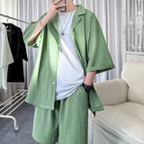 Korean Style Men's Set Shirt+Shorts Solid Short Sleeve Top Matching Bottoms Summer Fashion Oversized Clothing Men