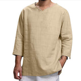 V Neck Cotton Linen T Shirts For Men Solid Color Long Sleeve Shirts Casual Tops Loose Large Size Tees Breathable Men Clothing
