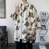 HybSkr Men's Black Rose Short Sleeve Shirts Summer Casual Harajuku Blouses For Male Turn-down Collar All-match Man Tops Shirts