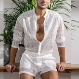New Arrivals Men Set Summer Sexy See Through Lace Outfits Beach Fashion Short Sleeved Tops And Shorts Mens Two Piece Suits