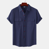 Double Pocket Cotton Linen Shirt Men Summer Short Sleeve Casual Button Down Shirts Mens Beach Holiday Breathable Camisas