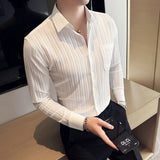 Spring Fashion Fold Design Long Sleeve Striped Shirts For Men Clothing Business Slim Fit Casual Tuxedo