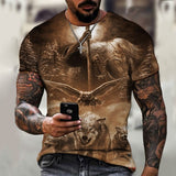 Lion Fighting Animal Beast Fierce Lion Wolf 3D T Shirt New Summer Men's Oversized Short Sleeve Black and White Design Polyester