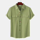Double Pocket Cotton Linen Shirt Men Summer Short Sleeve Casual Button Down Shirts Mens Beach Holiday Breathable Camisas