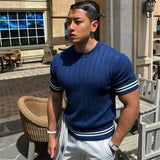 Casual short sleeves t shirt Men Gyms Fitness T-shirt Male Training Workout Knitted stripes Slim Tees Tops Fashion Clothes