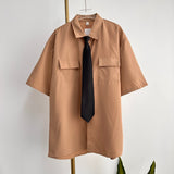 EBAIHUI Men's White Shirts with Tie Set Preppy Uniform DK Loose Long Sleeve Shirt Couple Loose Basic Short Shirts Asian Size