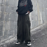 Big Pocket Cargo Pants Men's Casual Solid Color Straight Pants Baggy Wide-leg Ankle-length Pants Men Elastic Waist Pants