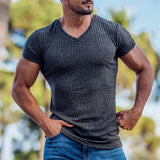 Men V Neck Short Sleeve T Shirt Slim Fit Sports Strips T-shirt Male Solid Fashion Tees Tops Summer Knitted Gym Fitness Clothing