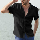 Hot Sale Men's Short-Sleeved Shirts Cotton Linen Summer Solid Color Turn-down Collar Quick Drying Casual Beach Style Plus Size