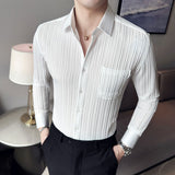 Spring Fashion Fold Design Long Sleeve Striped Shirts For Men Clothing Business Slim Fit Casual Tuxedo