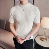 Summer Knitted Elasticity T Shirt Men Half High Collar Short Sleeve Casual Slim Fit Sweater Tops Tees Social Club T-Shirt