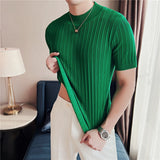 Summer Knitted Elasticity T Shirt Men Half High Collar Short Sleeve Casual Slim Fit Sweater Tops Tees Social Club T-Shirt