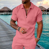 Men Summer Hawaiian Turn Down Collar V Neck T-Shirt Casual Zipper Short Sleeve Blouse Daily Tee High Quality Clothing S-3XL