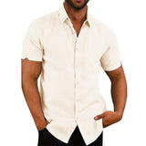 Cotton Line Hot Sale Men's Short-Sleeved Shirts Summer Solid Color Turn-down collar Casual Beach Style Plus Size