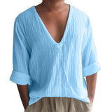 Vintage Imitation Linen Shirt Men Breathable Casual Long Sleeve Oversize Tops Summer V Neck Boho Style Mens Shirts 의류 Кофта