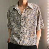 Korean Fashion Cashew Floral Shirts Mens Short Sleeve Chiffon Dropped Loose Casual Retro Half Sleeve Hawaiian Shirts for Men