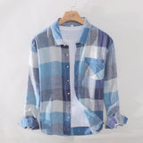 Cotton Linen Casual Plaid Shirts for Men Long Sleeve Tops Male Loose Turn-down Collar Fashion Clothing Trends