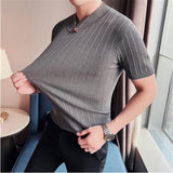 Summer Knitted Elasticity T Shirt Men Half High Collar Short Sleeve Casual Slim Fit Sweater Tops Tees Social Club T-Shirt
