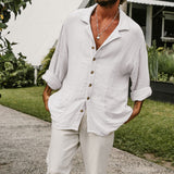 Men's White Casual Tops T Shirt Man Blouse Long Sleeve Vintage Cotton Linen Shirt Men Loose Baggy Shirts Silk Ropa Chemise Homme