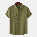 Double Pocket Cotton Linen Shirt Men Summer Short Sleeve Casual Button Down Shirts Mens Beach Holiday Breathable Camisas