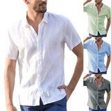 Hot Sale Men's Short-Sleeved Shirts Cotton Linen Summer Solid Color Turn-down Collar Quick Drying Casual Beach Style Plus Size