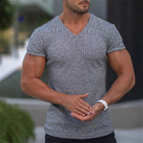 Men V Neck Short Sleeve T Shirt Slim Fit Sports Strips T-shirt Male Solid Fashion Tees Tops Summer Knitted Gym Fitness Clothing