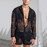 New Arrivals Men Set Summer Sexy See Through Lace Outfits Beach Fashion Short Sleeved Tops And Shorts Mens Two Piece Suits